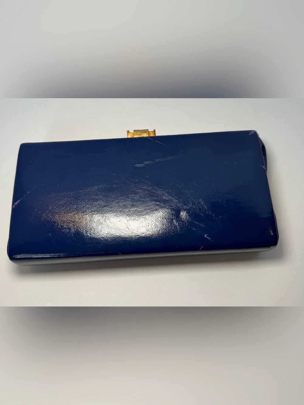 Vintage 1960s Elbief England Navy Blue Patent Box Clutch Bag Gold Clasp